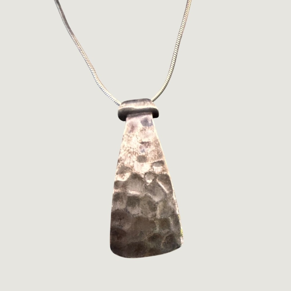 925 Sterling Silver Hammered Trapezoid Pendant Snake Chain Necklace Mexican